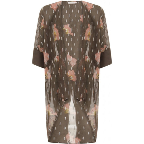 Kimono in sky print w. lurex and tied closing - Grey plum